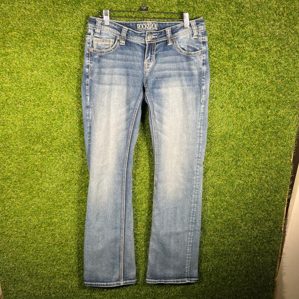 Rock & Roll Cowgirl Riding Jeans 28x36 Blue Bootcut Embroidered Western Denim
